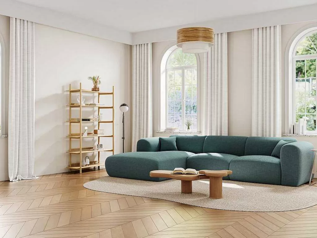 Promoções Sofás & Poltronas*Maison Céphy Grande Sofá De Canto Esquerdo Em Tecido Azul Matizado - Pogni