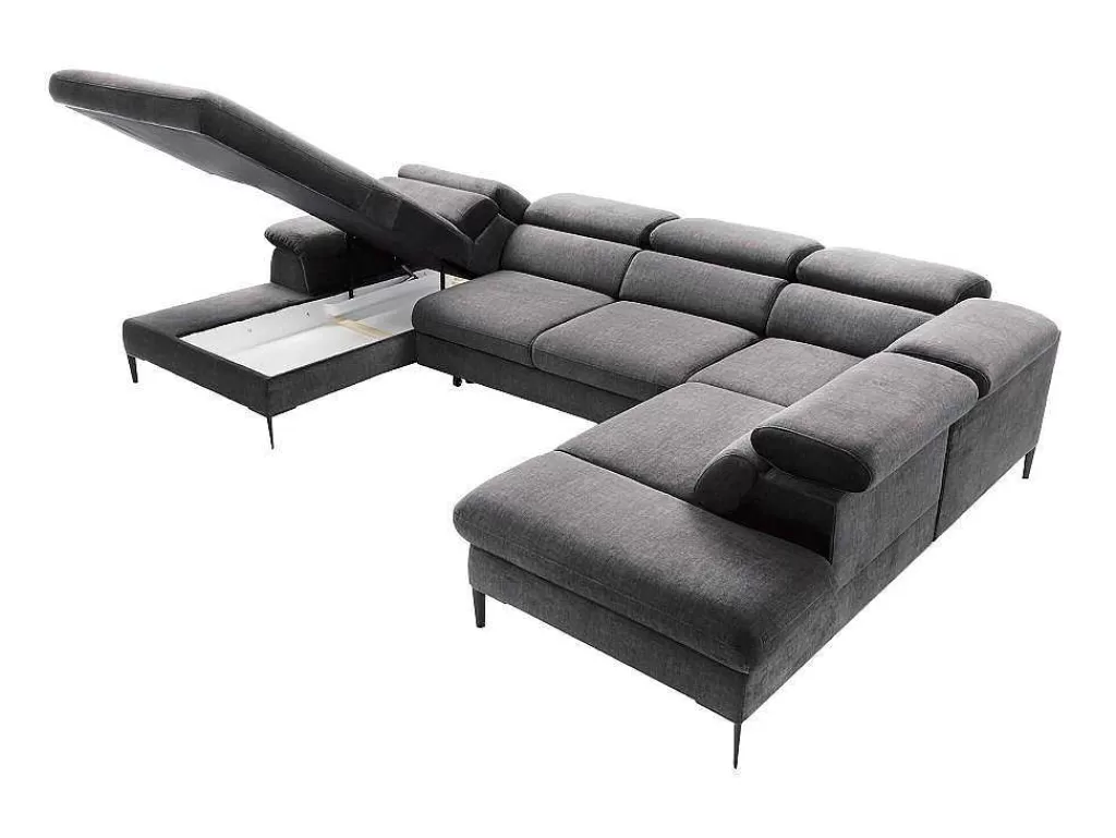 Promoções Sofás & Poltronas*PASCAL MORABITO Grande Sofá De Canto Esquerdo Panorâmico Convertivel Veludo Cinza-Antracite - Sepina De