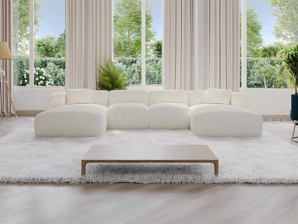 Promoções Sofás & Poltronas*Maison Céphy Grande Sofá De Canto Panorâmico Tecido Boucle Branco - Pogni De Maison Cephy
