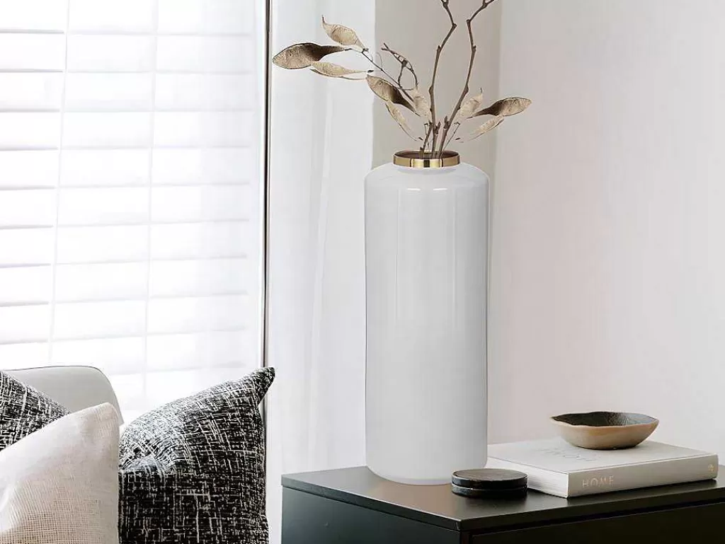 Objeto De Decoração Interior*OZAIA Grande Vaso Em Metal Esmaltado D. 19 X A. 50 Cm Cinzento E Dourado - Goriat