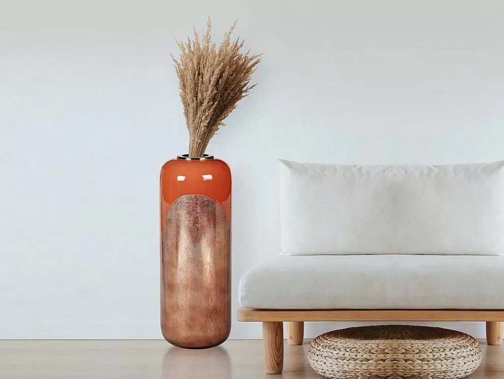 Objeto De Decoração Interior*OZAIA Grande Vaso Em Metal Esmaltado D. 30 X A. 82 Cm Terracota E Folha Acobreada - Perlin