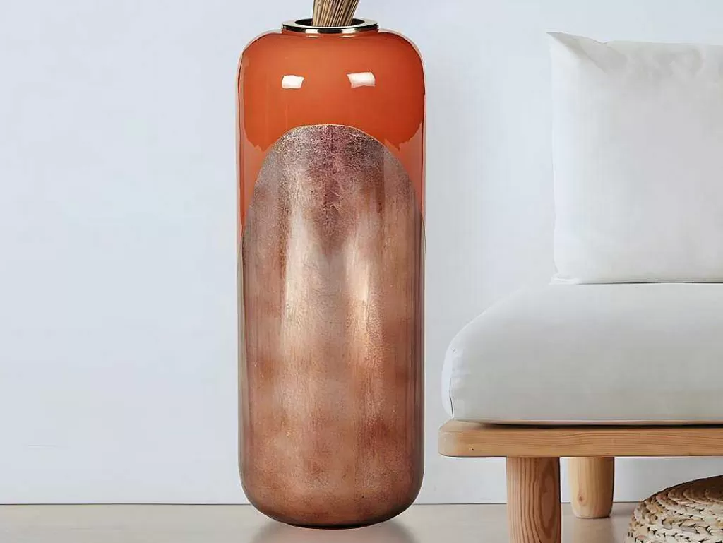 Objeto De Decoração Interior*OZAIA Grande Vaso Em Metal Esmaltado D. 30 X A. 82 Cm Terracota E Folha Acobreada - Perlin