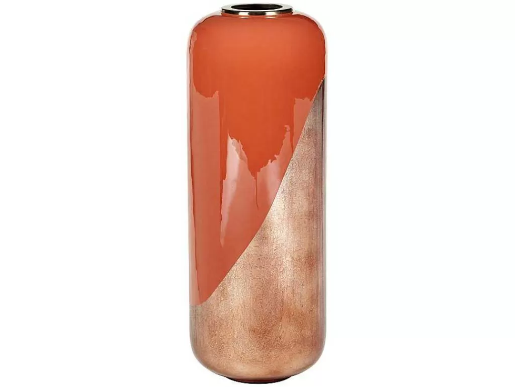 Objeto De Decoração Interior*OZAIA Grande Vaso Em Metal Esmaltado D. 30 X A. 82 Cm Terracota E Folha Acobreada - Perlin