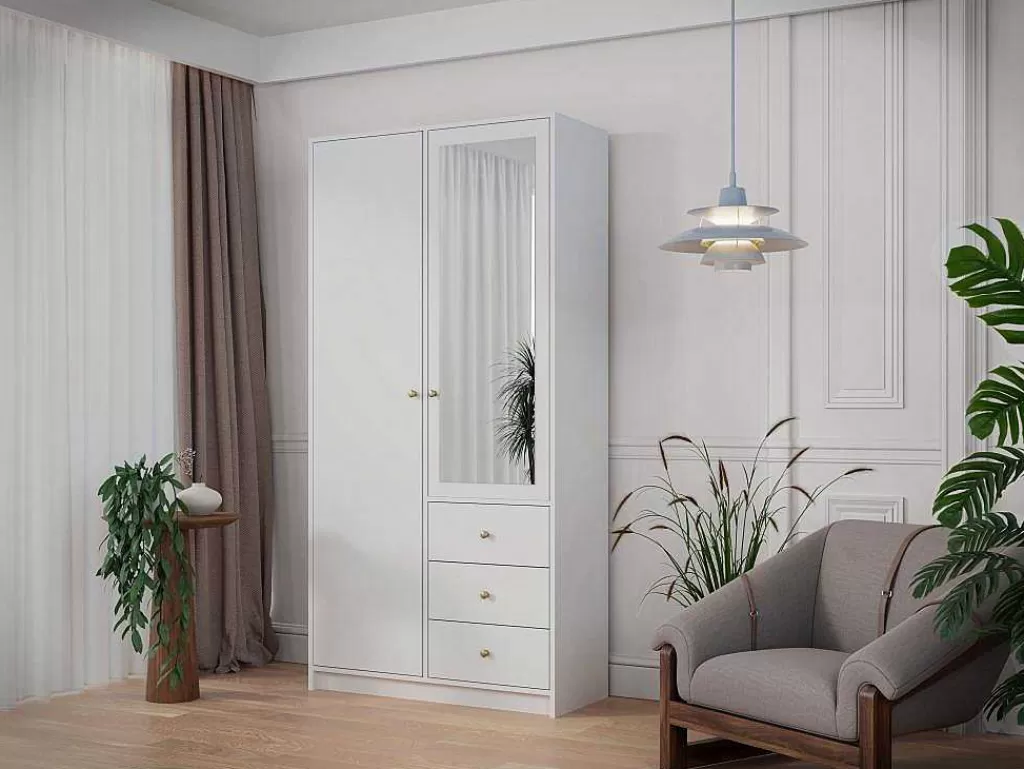 Armário E Roupeiro*Vente-unique Guarda-Roupa 2 Portas E 3 Gavetas Com Espelho C100 Cm Branco - Notiari
