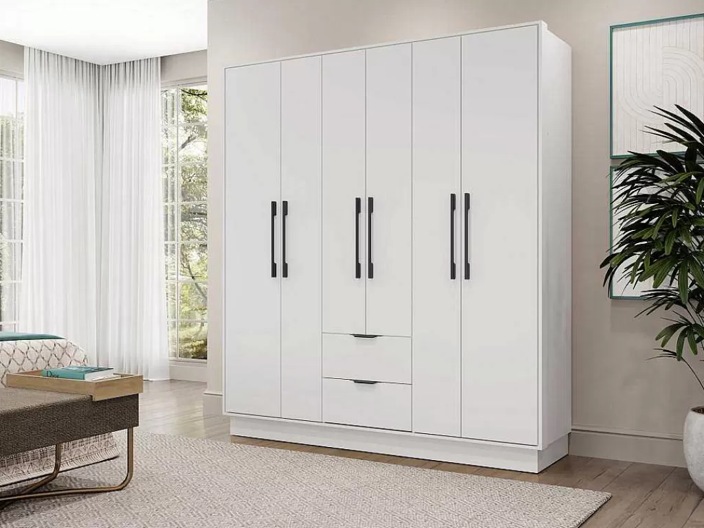 Armário E Roupeiro*Vente-unique Guarda-Roupa 6 Portas E 2 Gavetas C162 Branco - Feova