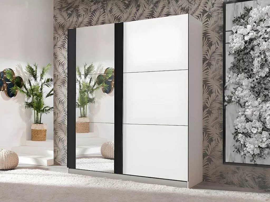 Armário E Roupeiro*Vente-unique Guarda-Roupa Com 2 Portas De Correr E Com Espelho De C.217 Cm Cor Branco E Preto - Sutera
