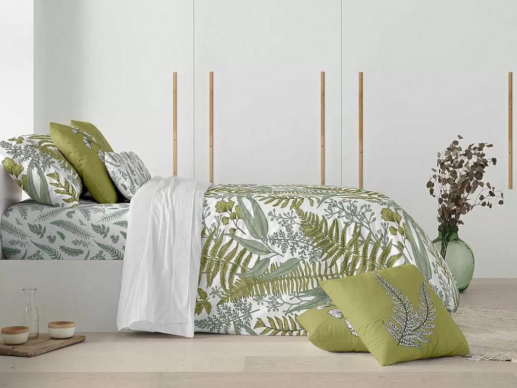 Roupa De Cama*Purline Housse De Couette 100% Coton 1 Piece Blanc A Plantes Vertes 220X240
