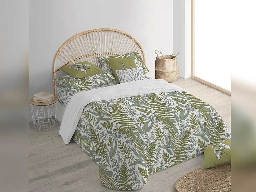 Roupa De Cama*Purline Housse De Couette 100% Coton 1 Piece Blanc A Plantes Vertes 260X240