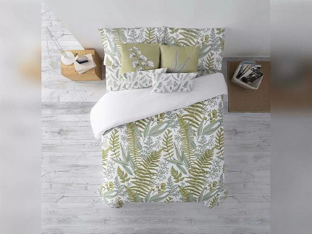 Roupa De Cama*Purline Housse De Couette 100% Coton 1 Piece Blanc A Plantes Vertes 260X240