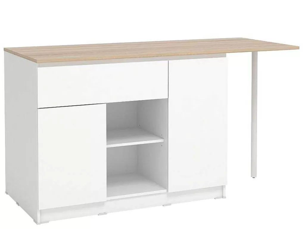 Móvel De Cozinha*Vente-unique Ilha Central De Cozinha Com 2 Portas, 1 Gaveta E 2 Nichos, Branco E Natural Claro - Tunori
