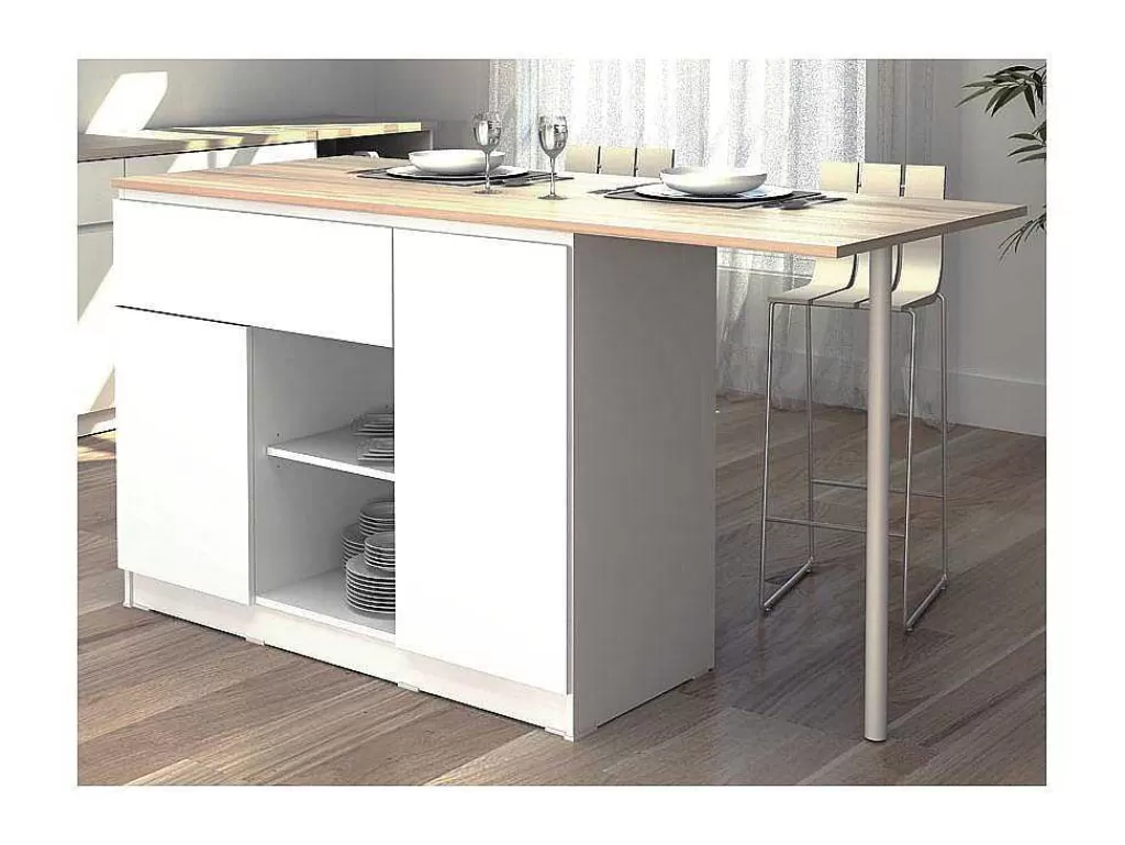 Móvel De Cozinha*Vente-unique Ilha Central De Cozinha Com 2 Portas, 1 Gaveta E 2 Nichos, Branco E Natural Claro - Tunori