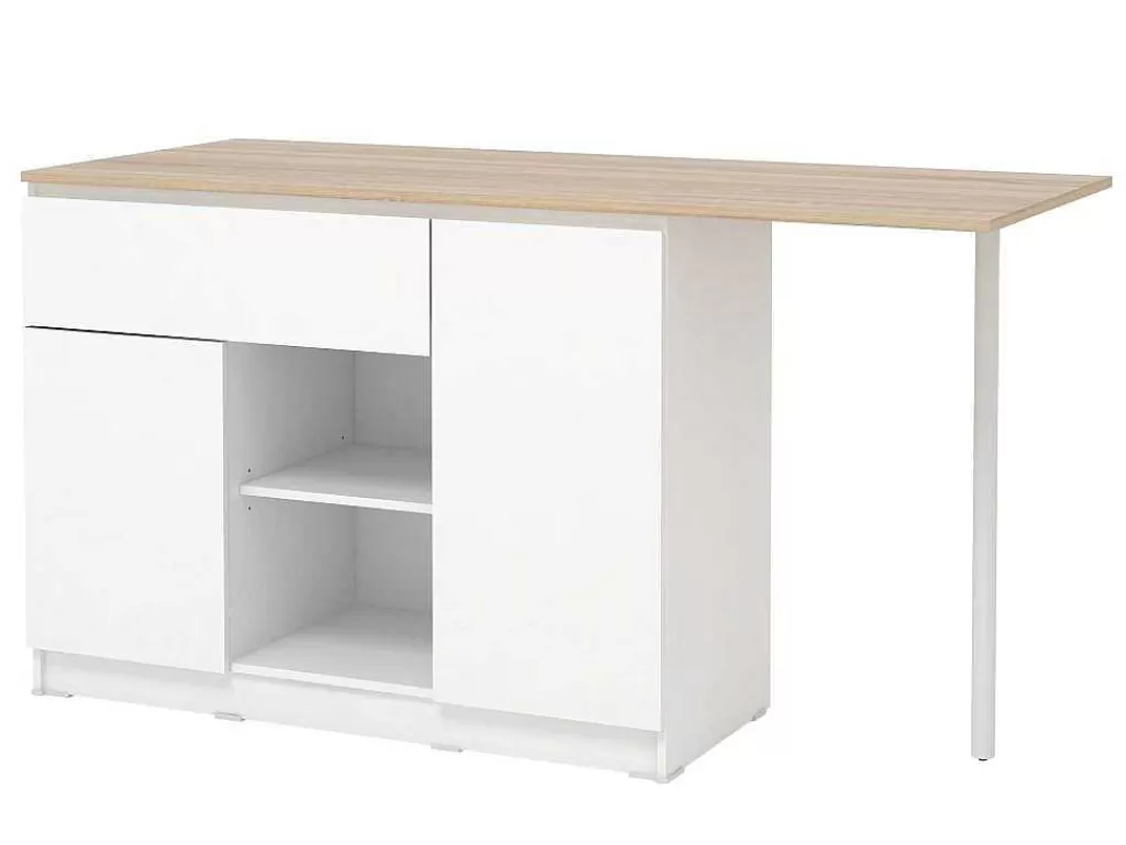 Móvel De Cozinha*Vente-unique Ilha Central De Cozinha Com 2 Portas, 1 Gaveta E 2 Nichos, Branco E Natural Claro - Tunori