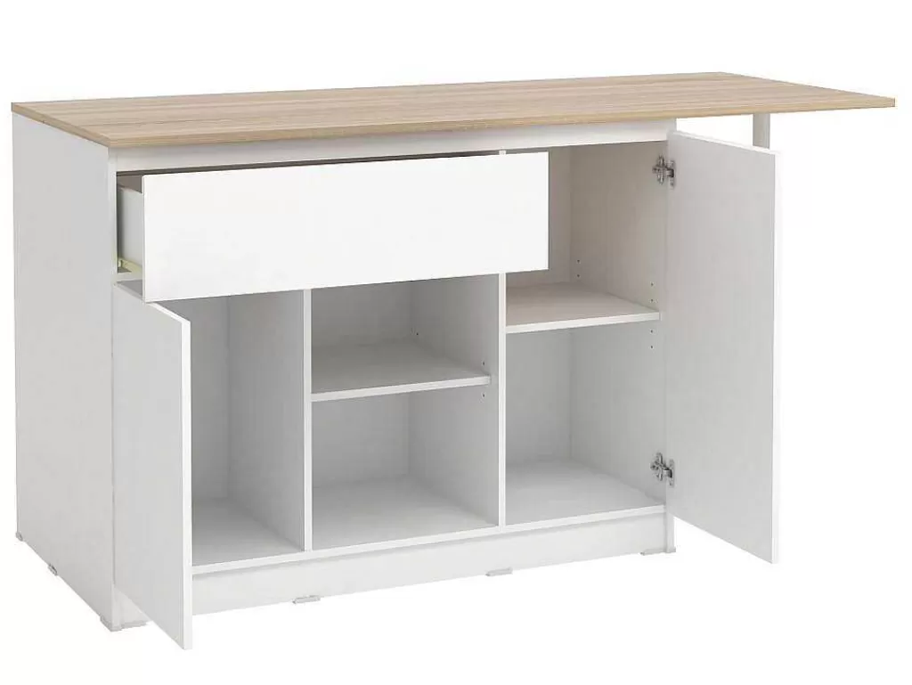 Móvel De Cozinha*Vente-unique Ilha Central De Cozinha Com 2 Portas, 1 Gaveta E 2 Nichos, Branco E Natural Claro - Tunori