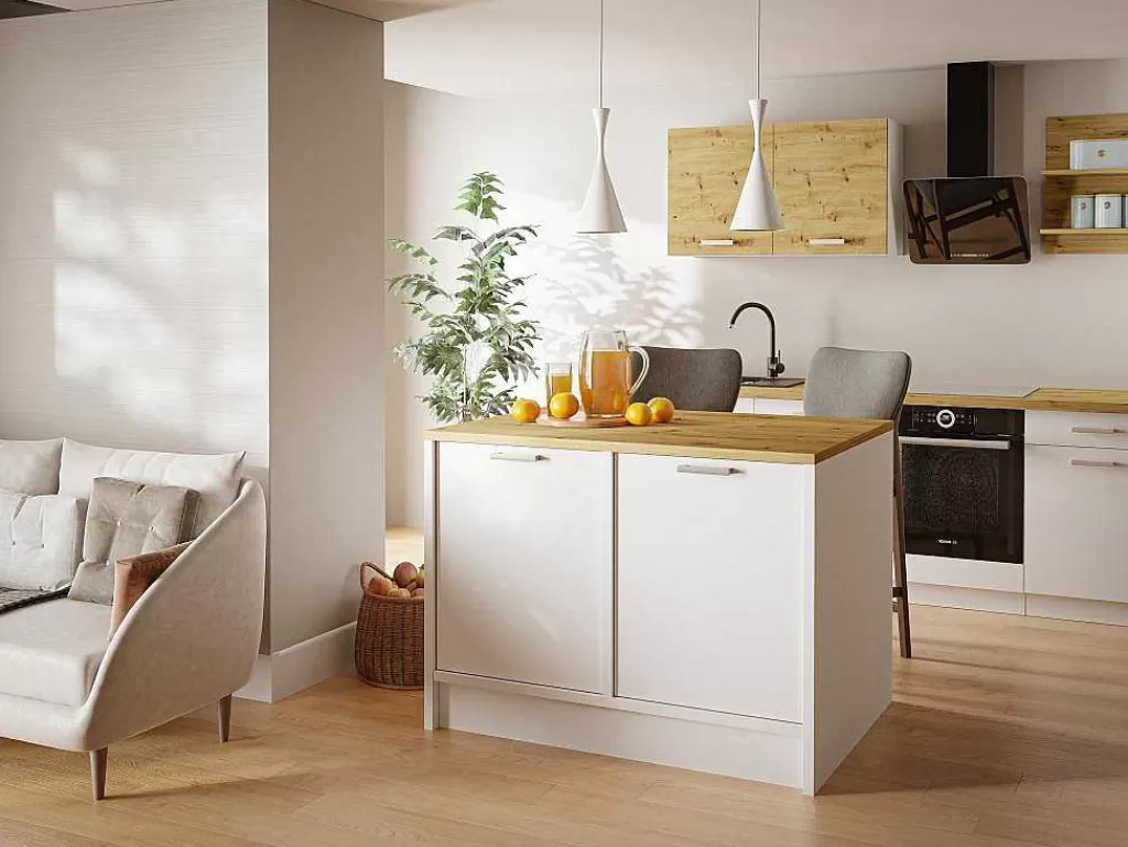 Ilha De Cozinha*Vente-unique Ilha Central De Cozinha Com 2 Portas, Branco E Natural - Mechila