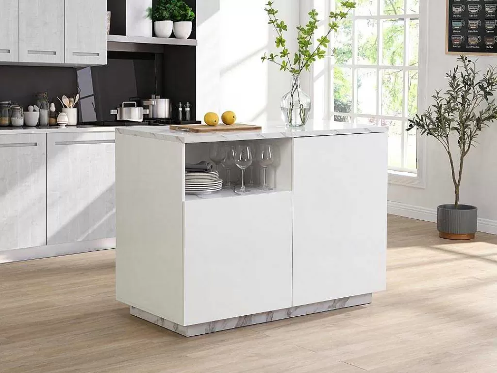 Ilha De Cozinha*Vente-unique Ilha Central De Cozinha Com 2 Portas E 1 Nicho Em Mdf, Efeito Marmore Branco - Corelina