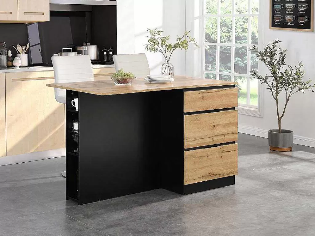 Ilha De Cozinha*Vente-unique Ilha Central De Cozinha Com 6 Gavetas E 4 Nichos Em Mdf Natural Claro E Preto - Pomarela