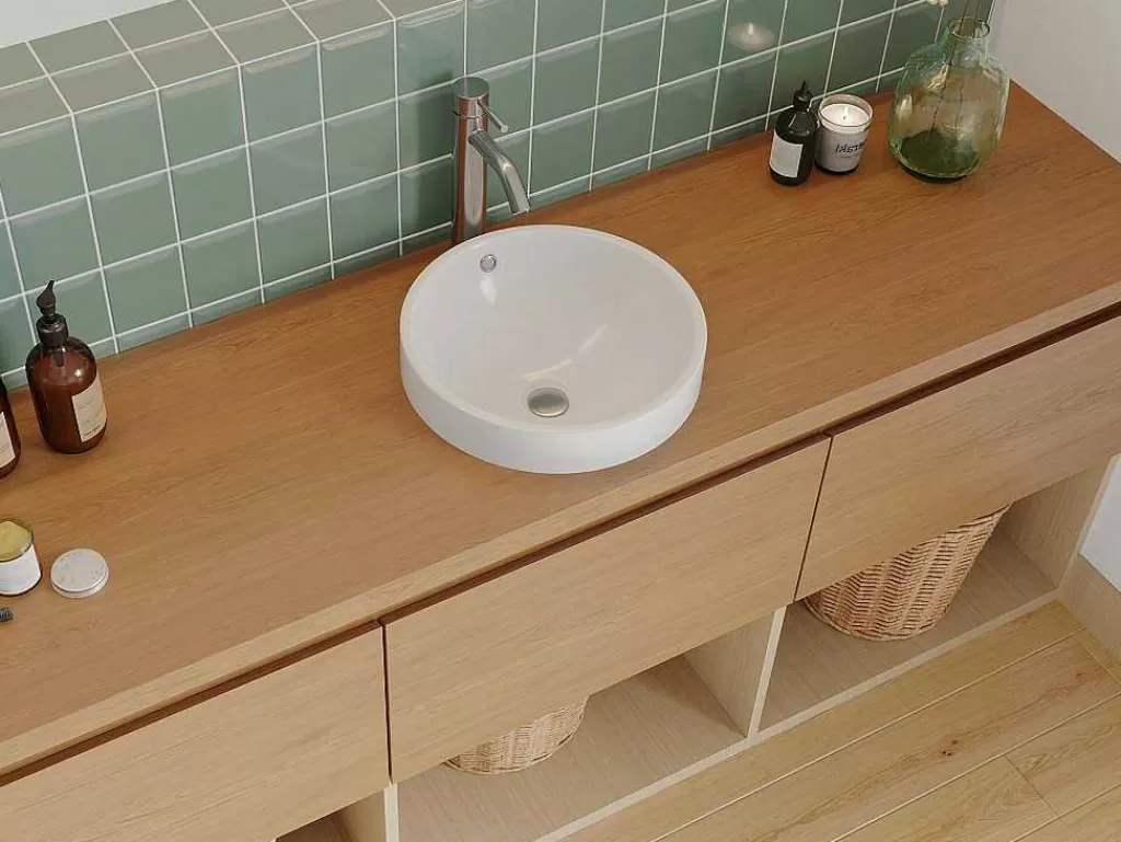 Lavatório*Shower & Design Lavatório De Casa De Banho Semi-Encastrado Redondo Em Ceramica Cor Branco - Catonac