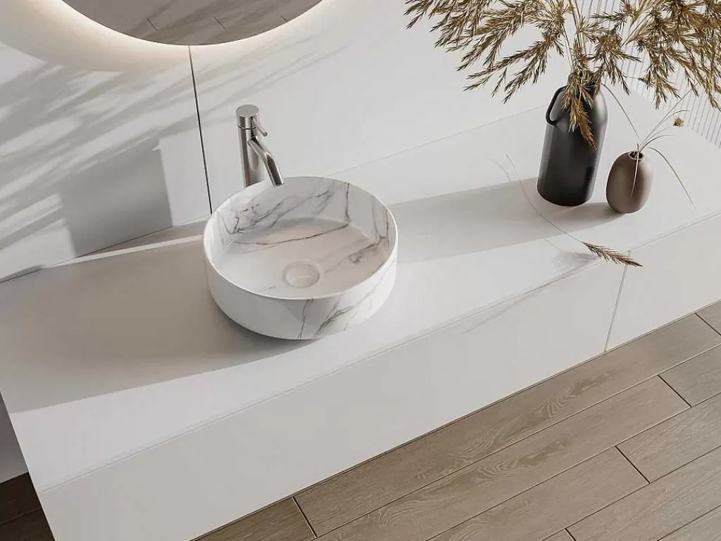 Lavatório*Shower & Design Lavatório De Pousar Redondo Branco Efeito Marmore Ceramica 36 Cm - Viamarba