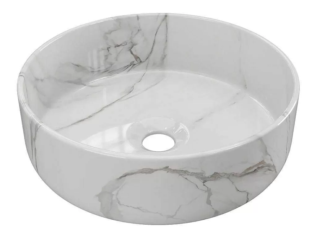 Lavatório*Shower & Design Lavatório De Pousar Redondo Branco Efeito Marmore Ceramica 36 Cm - Viamarba