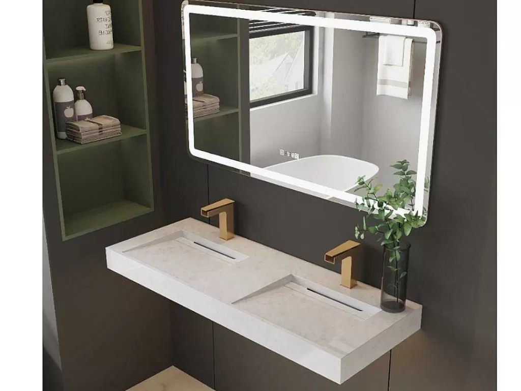 Lavatório*Shower & Design Lavatório Duplo Suspenso Em Superficie Solida Efeito Marmore Branco De C120,2 X L45,2 X A8 Cm - Kodiak