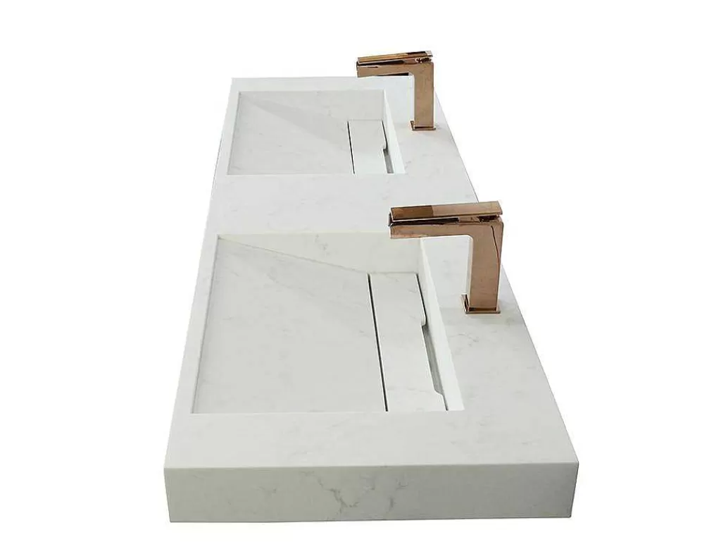 Lavatório*Shower & Design Lavatório Duplo Suspenso Em Superficie Solida Efeito Marmore Branco De C120,2 X L45,2 X A8 Cm - Kodiak