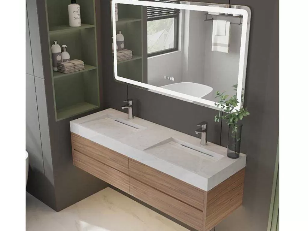 Lavatório*Shower & Design Lavatório Duplo Suspenso Em Superficie Solida Efeito Marmore Branco De C140,2 X L45,2 X A8 Cm - Kodiak