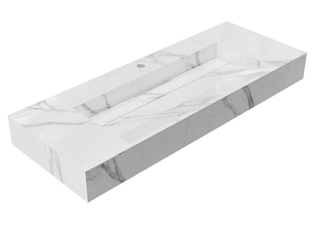 Lavatório*Shower & Design Lavatório Suspenso Em Superficie Solida Efeito Marmore Branco De C120,2 X L45,2 X A8 Cm - Takotna