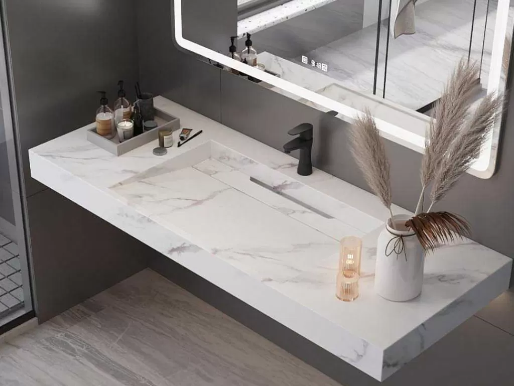 Lavatório*Shower & Design Lavatório Suspenso Em Superficie Solida Efeito Marmore Branco De C120,2 X L45,2 X A8 Cm - Takotna