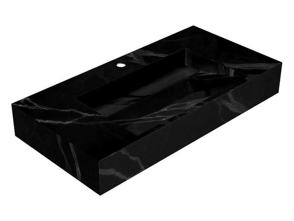 Lavatório*Shower & Design Lavatório Suspenso Em Superficie Solida Efeito Marmore Preto De C90,2 X L45,2 X A8 Cm - Takotna
