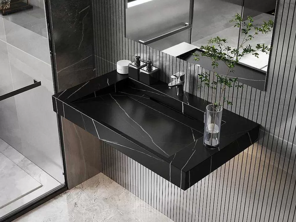 Lavatório*Shower & Design Lavatório Suspenso Em Superficie Solida Efeito Marmore Preto De C90,2 X L45,2 X A8 Cm - Takotna
