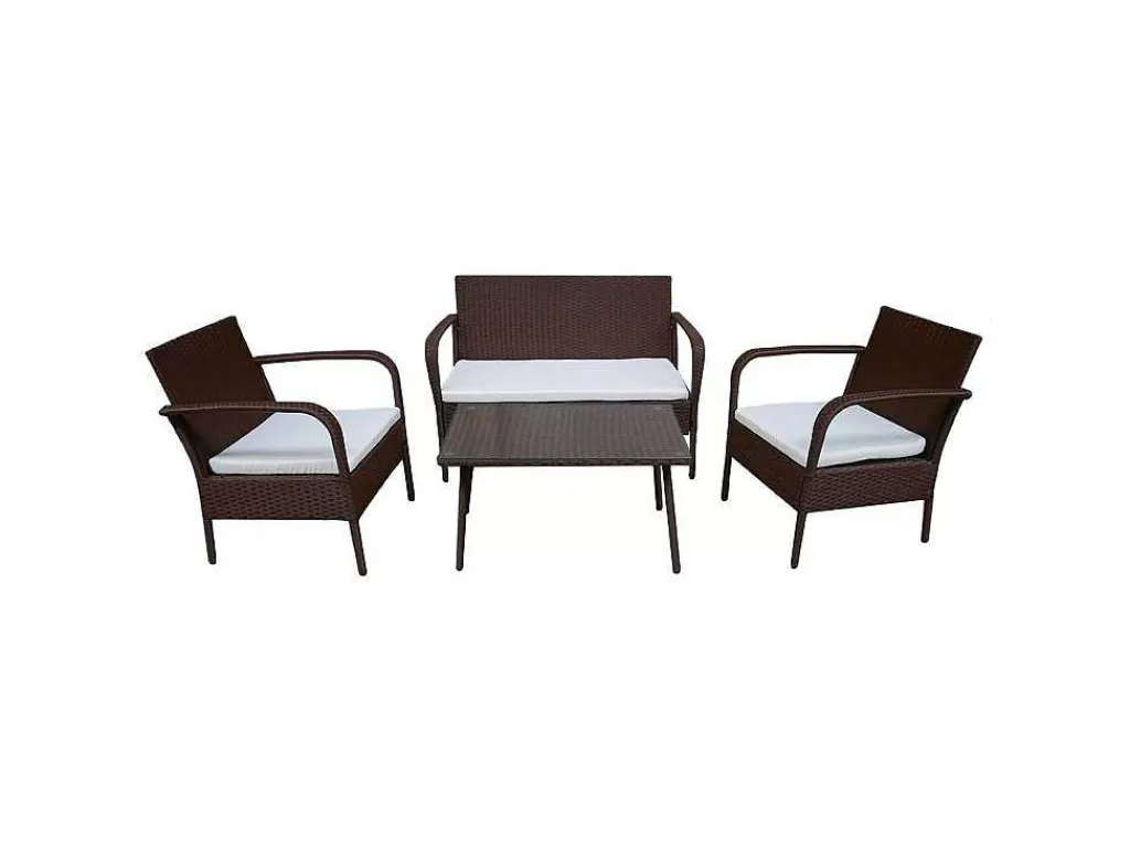Conjunto Relax De Jardim*Happy Garden Lipari Mobiliário De Jardim Em Resina Tecida Castanha - 4 Lugares - Almofadas Creme