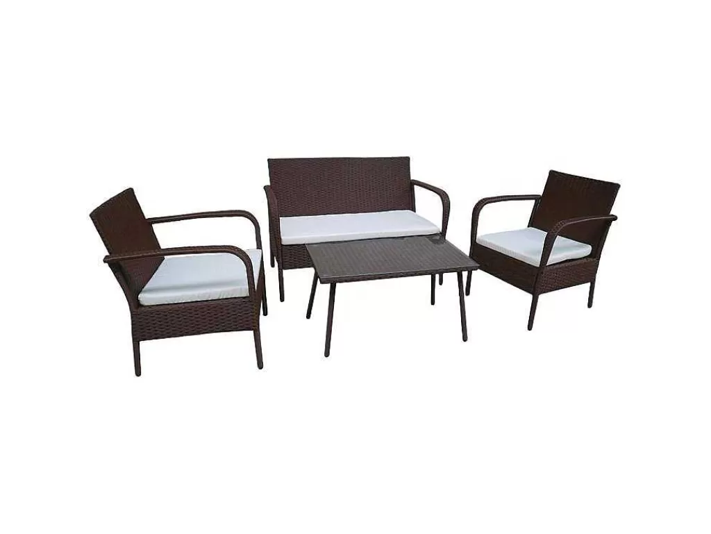 Conjunto Relax De Jardim*Happy Garden Lipari Mobiliário De Jardim Em Resina Tecida Castanha - 4 Lugares - Almofadas Creme