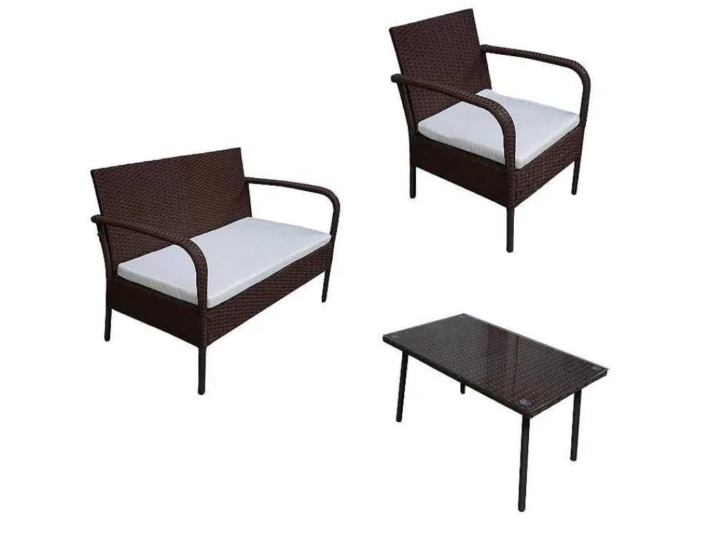 Conjunto Relax De Jardim*Happy Garden Lipari Mobiliário De Jardim Em Resina Tecida Castanha - 4 Lugares - Almofadas Creme