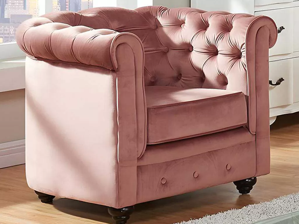 Poltrona Em Veludo*Vente-unique Lote De 2 Cadeiroes Chesterfield - Veludo Rosa Pastel