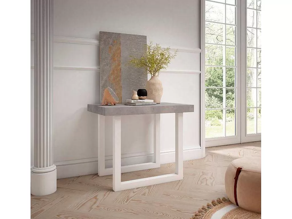Consola*Skraut Home Mesa Consola Extensivel, 300, Para 14 Péssoas, Pés De Madeira, Cimento