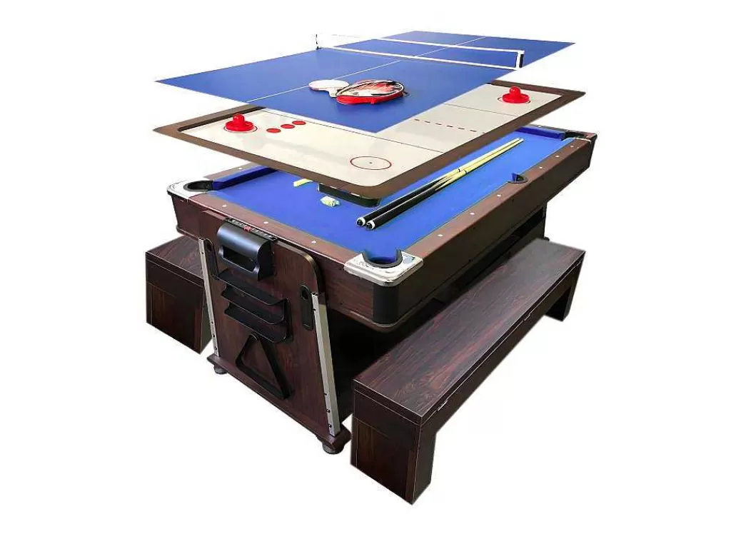 Jogo De Interior*ELITESHOPPING Mesa De Bilhar 7 Pés Multijogo Azul Air Hockey + Ping Pong - Stark Com Bancos