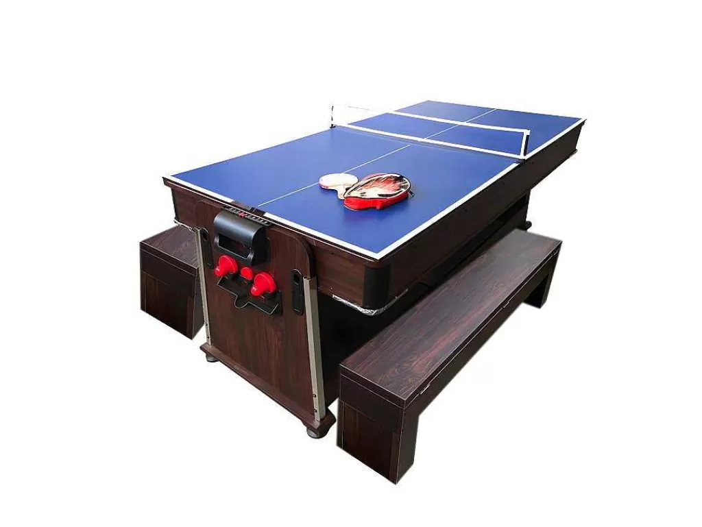 Jogo De Interior*ELITESHOPPING Mesa De Bilhar 7 Pés Multijogo Vermelho Air Hockey + Ping Pong - Stark Com Bancos