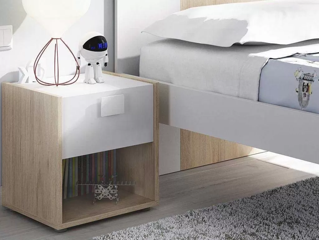 Móvel Para Quarto De Crianças*Vente-unique Mesa De Cabeceira Com 1 Gaveta E 1 Nicho Disponivel Em Carvalho E Branco - Sonia