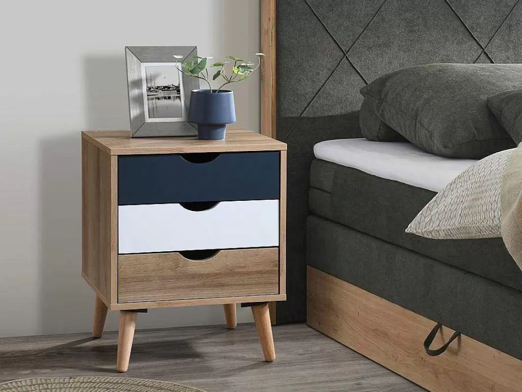 Móvel Para Quarto De Crianças*Vente-unique Mesa De Cabeceira Com 3 Gavetas Cores Natural, Branco E Azul-Marinho - Lurvia