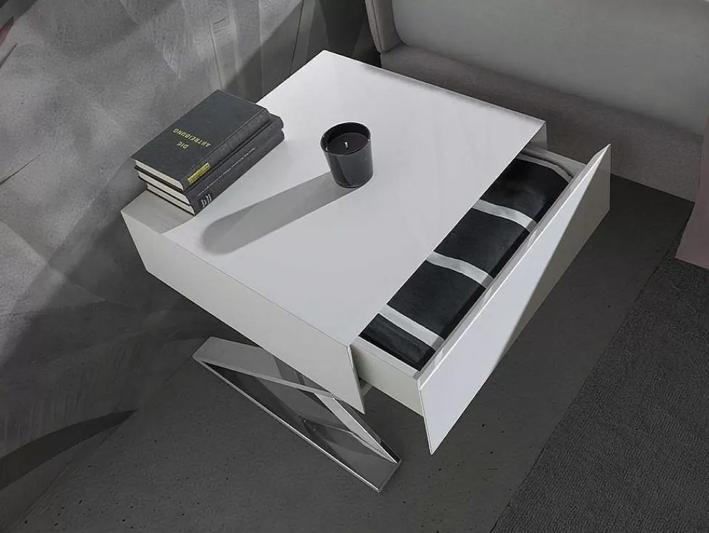 Mesa De Cabeceira*Angel Cerda Mesa De Cabeceira Com Gaveta Em Mdf Lacada A Branco Brilhante Sobre Pés Em Aco Inoxidavel 7007