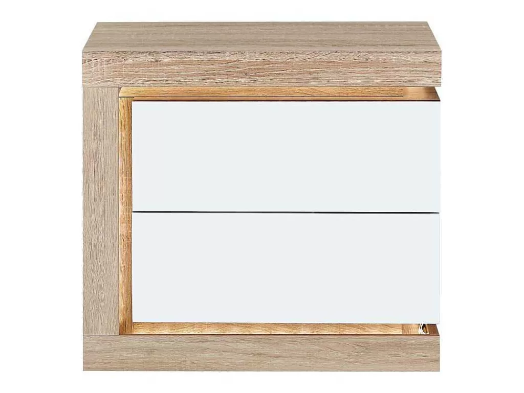 Mesa De Cabeceira*Vente-unique Mesa De Cabeceira Lado Esquerdo Com 2 Gavetas, Com Leds, Lacado A Branco E Natural - Flarancia