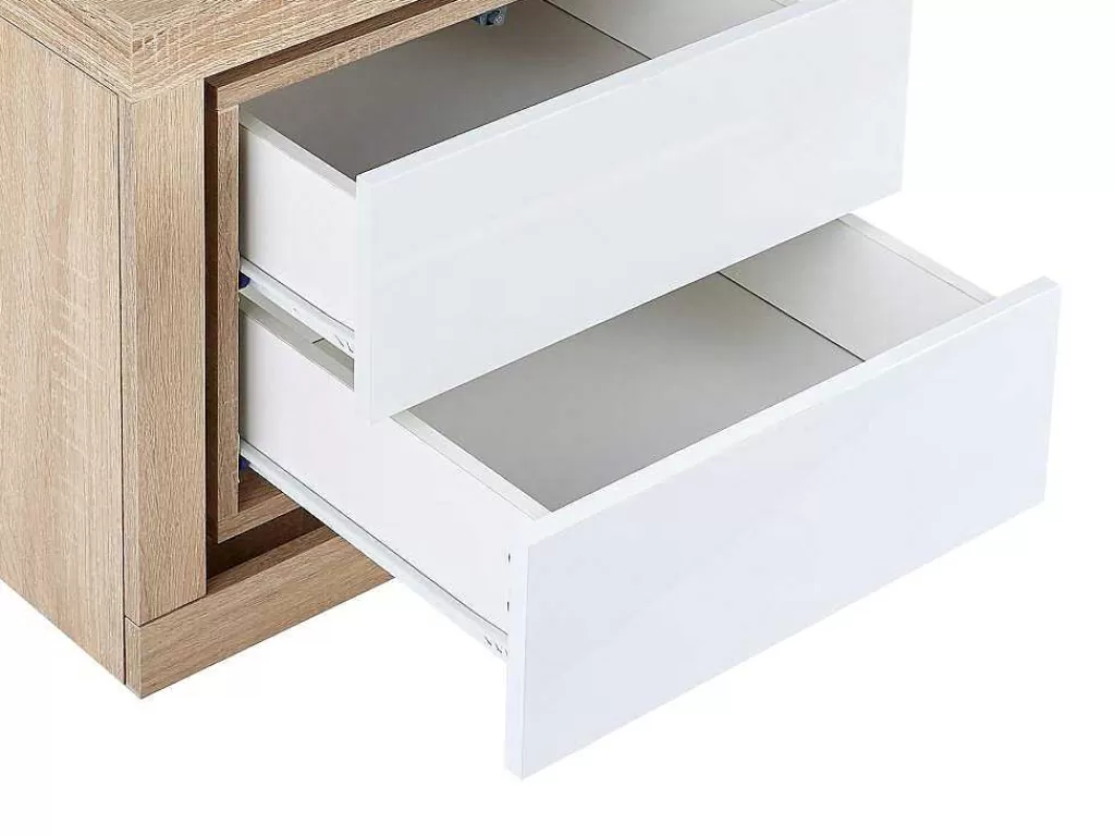 Mesa De Cabeceira*Vente-unique Mesa De Cabeceira Lado Esquerdo Com 2 Gavetas, Com Leds, Lacado A Branco E Natural - Flarancia