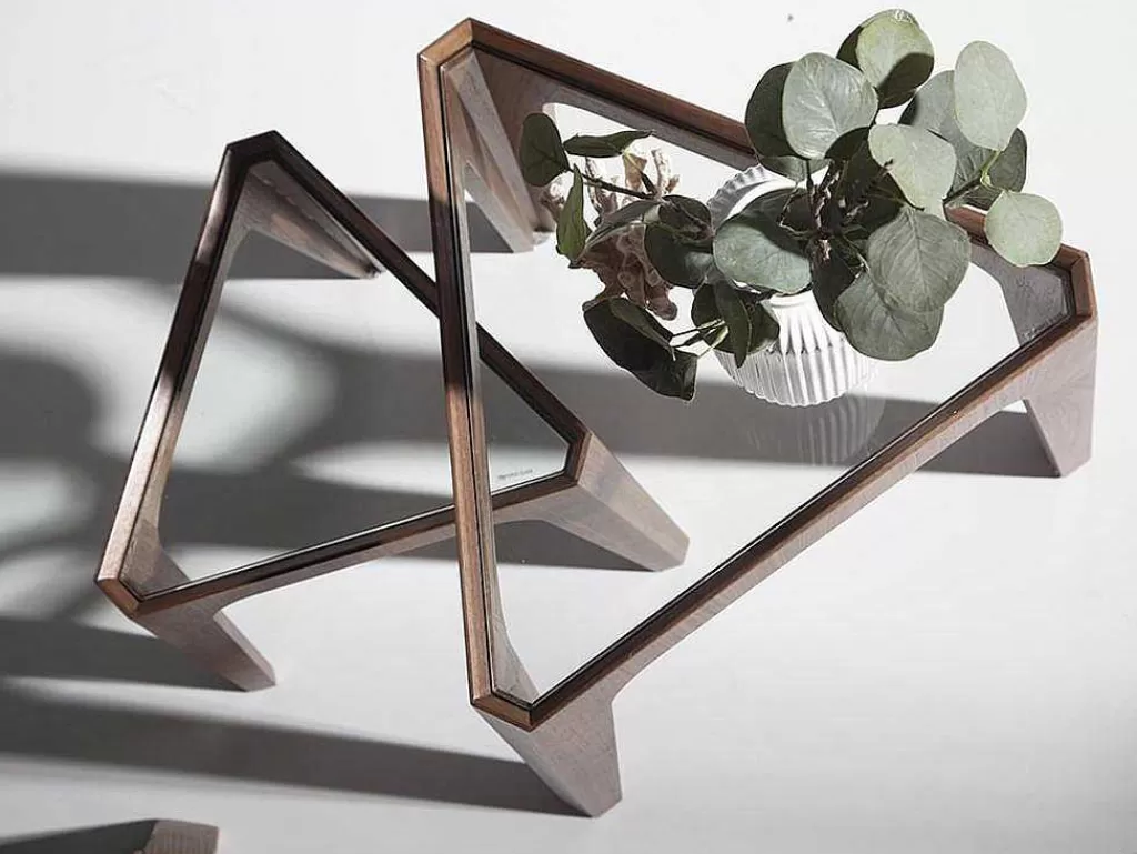 Mesa De Apoio*Angel Cerda Mesa De Canto Triangular Em Vidro E Madeira De Nogueira 2107