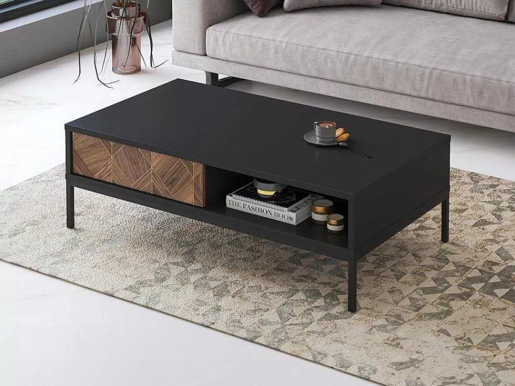 Mesa De Centro*Vente-unique Mesa De Centro Com 2 Gavetas E 2 Nichos Preto E Natural Escuro - Mialine