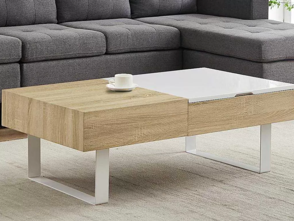 Mesa De Centro*Vente-unique Mesa De Centro Com Tampo Levadico E 1 Gaveta Mdf E Aco Natural E Branco - Balun