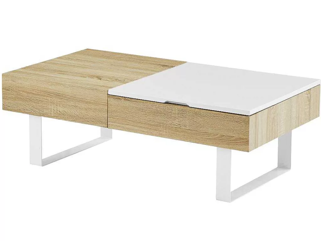 Mesa De Centro*Vente-unique Mesa De Centro Com Tampo Levadico E 1 Gaveta Mdf E Aco Natural E Branco - Balun