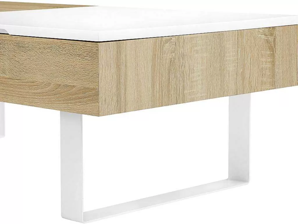 Mesa De Centro*Vente-unique Mesa De Centro Com Tampo Levadico E 1 Gaveta Mdf E Aco Natural E Branco - Balun