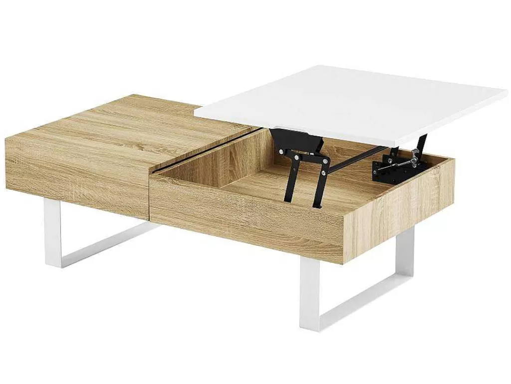 Mesa De Centro*Vente-unique Mesa De Centro Com Tampo Levadico E 1 Gaveta Mdf E Aco Natural E Branco - Balun