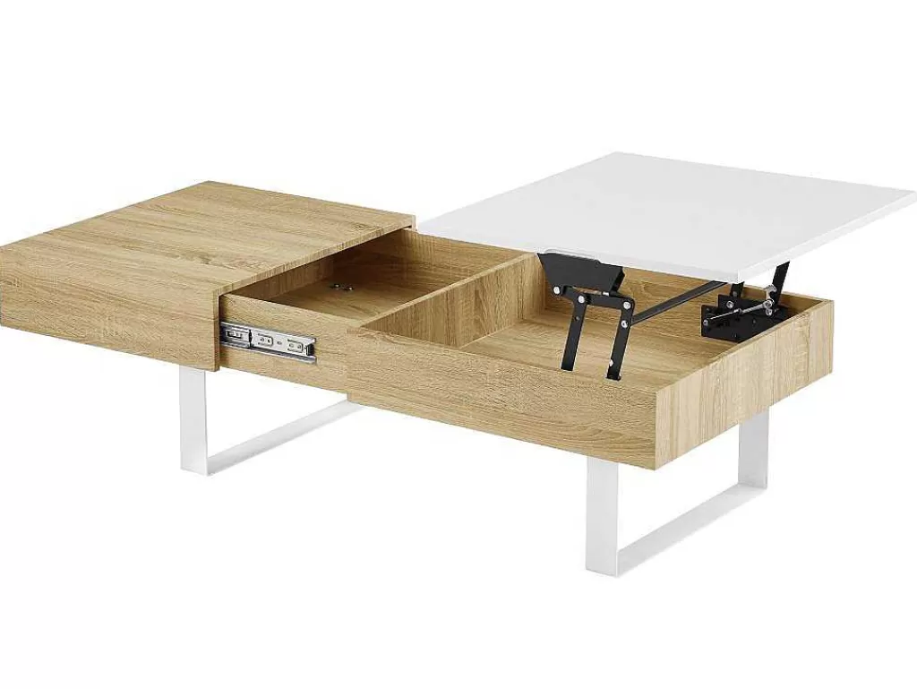 Mesa De Centro*Vente-unique Mesa De Centro Com Tampo Levadico E 1 Gaveta Mdf E Aco Natural E Branco - Balun