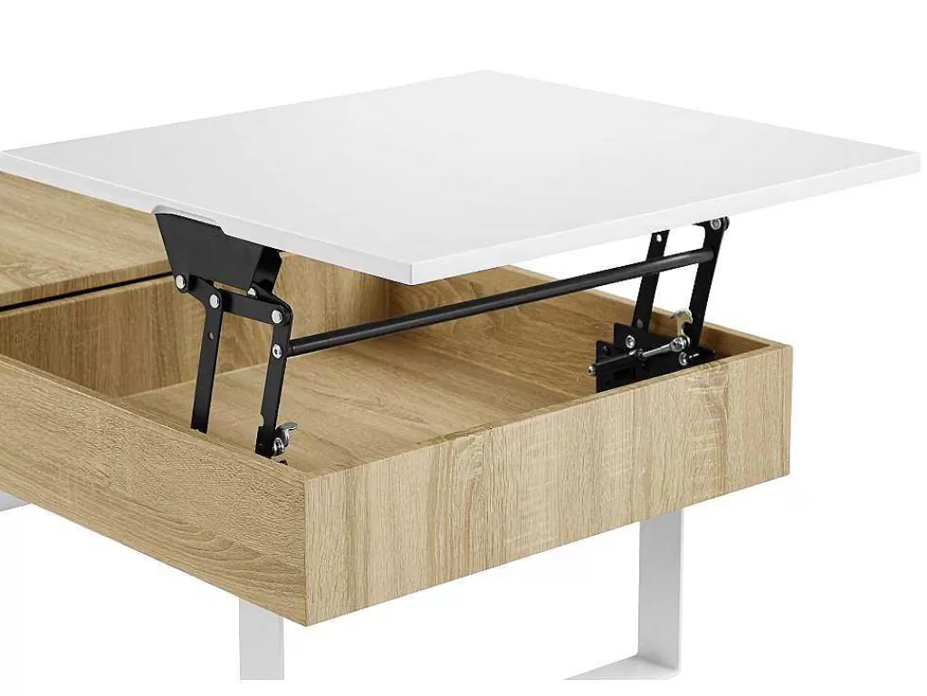 Mesa De Centro*Vente-unique Mesa De Centro Com Tampo Levadico E 1 Gaveta Mdf E Aco Natural E Branco - Balun